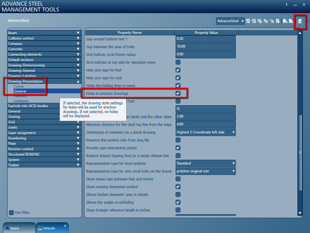 Advance Steel详图中缺少孔
