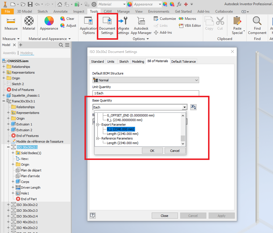 Modified the column qty for the length of frame members in Inventor