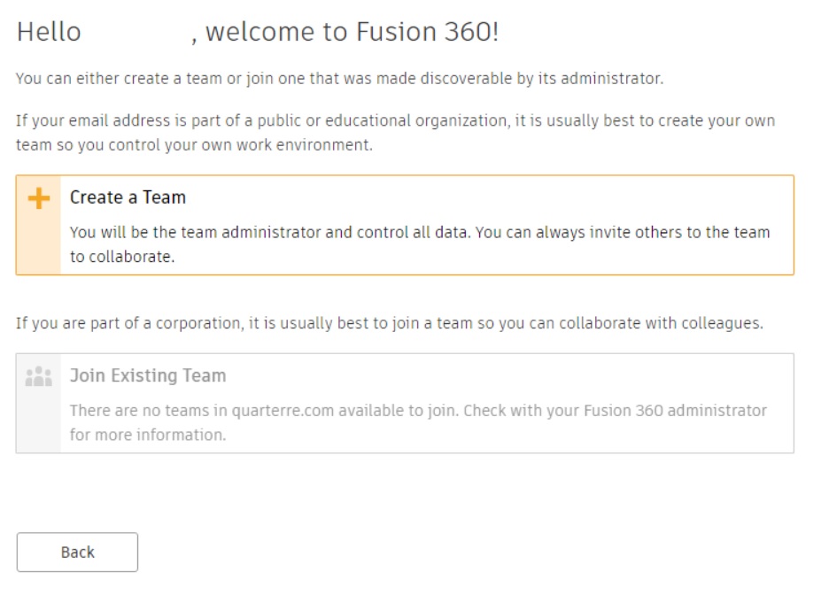"Join Existing Team" button is dimmed in Fusion