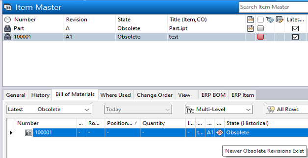 O aviso de ícone obsoleto mais recente é exibido na lista de materiais do  item quando o item está obsoleto no Vault, image size:628x323