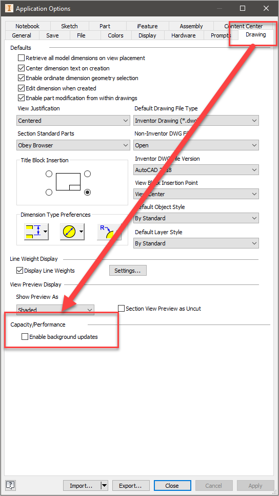 Red slash on drawing view icon in browser and green corners in Inventor