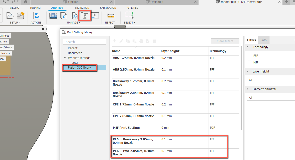 Missing additive PLA material in the Print setting library of Fusion 360