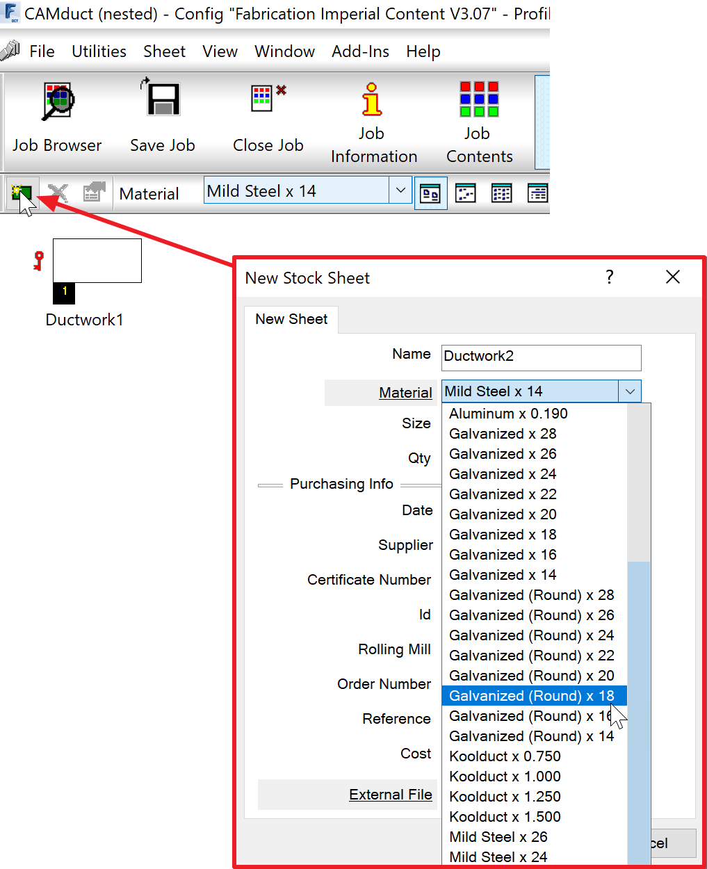 Fabrication CAMductでネストに使用されるマテリアルの厚さを変更できません