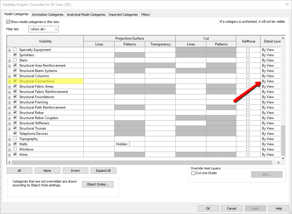 Structural connection elements are not visible using medium view
