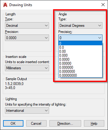 How to increase unit precision for angular measurements in AutoCAD