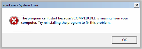 Сообщение «Невозможно запустить программу, так как на компьютере отсутствует файл VCOMP110.DLL» при запуске программного обеспечения Autodesk