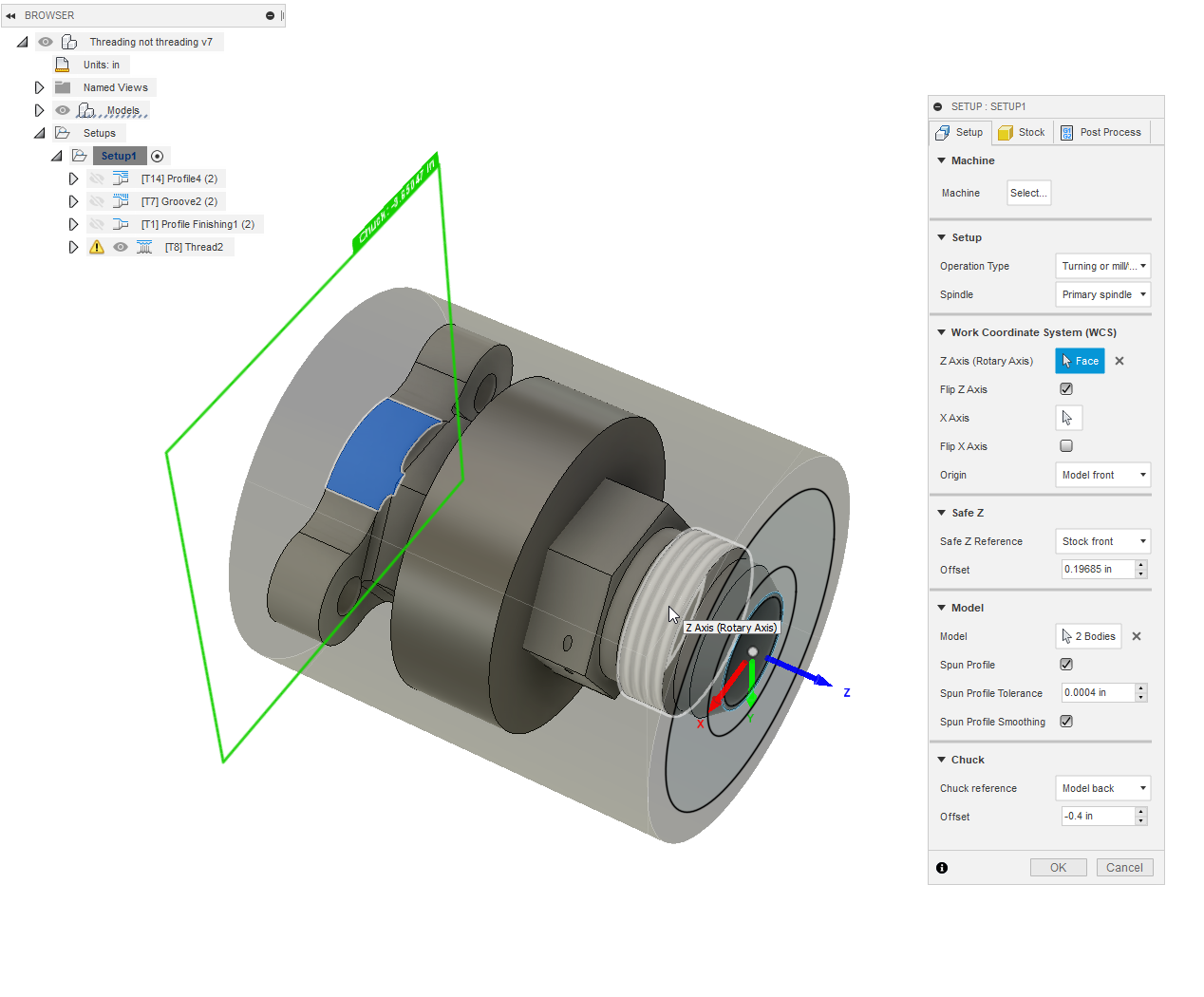 "No threads to machine" warning when turning threads in Fusion 360