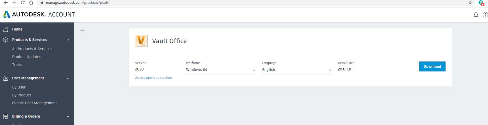 No se puede descargar Vault Office desde la página de productos y servicios  de Autodesk