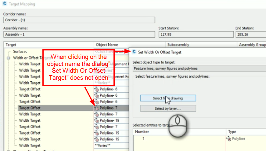 Corridor target dialog does not open when clicking on the object name ...