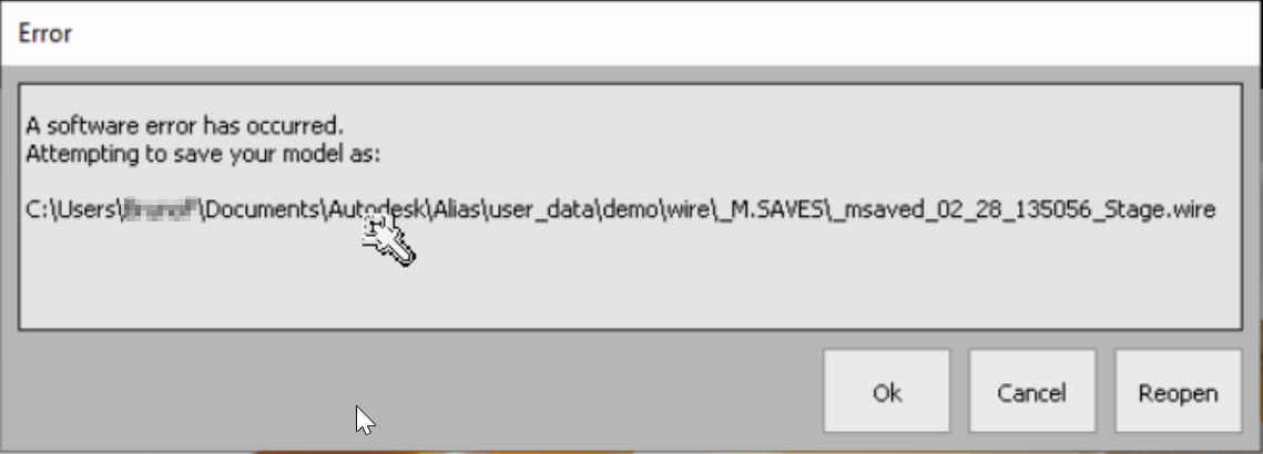 "A software error has occurred. Attempting to save your model as ...