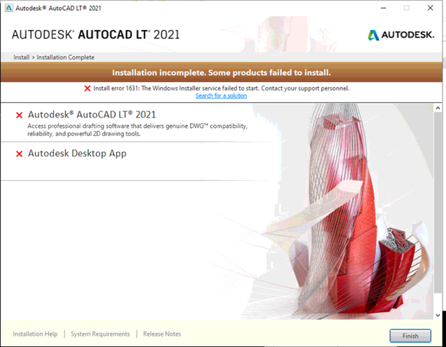 インストールが不完全です。Autodesk 2021製品のインストール時に 