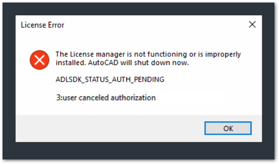 License Error Adlsdk Status Auth Pending 3 User Canceled Authorization When Launching Autocad Or Autocad Lt Or Newer Autocad 22 Autodesk Knowledge Network