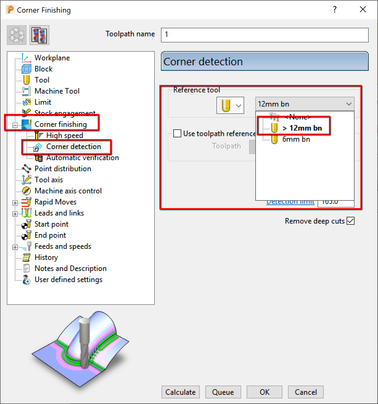Where to set the reference tool when corner finishing in PowerMill
