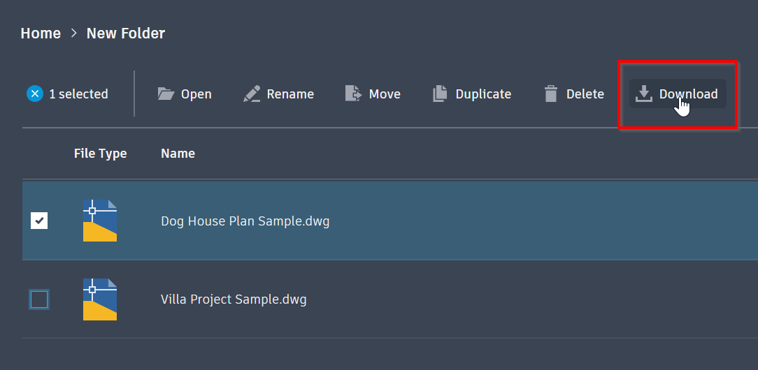 Klicking the download button in the AutoCAD Web App