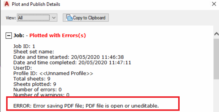 Publishing several layouts at once to PDF fails in AutoCAD 2018