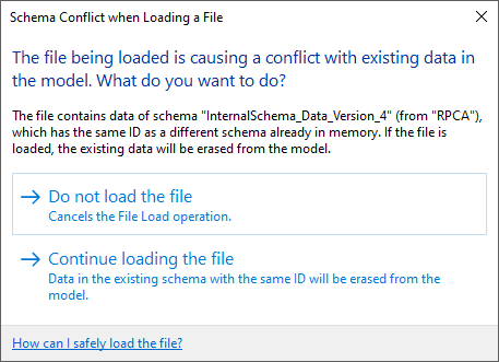 在 Revit 中打开模型时，“加载文件时发生模式冲突”指向 RPCA 中的数据