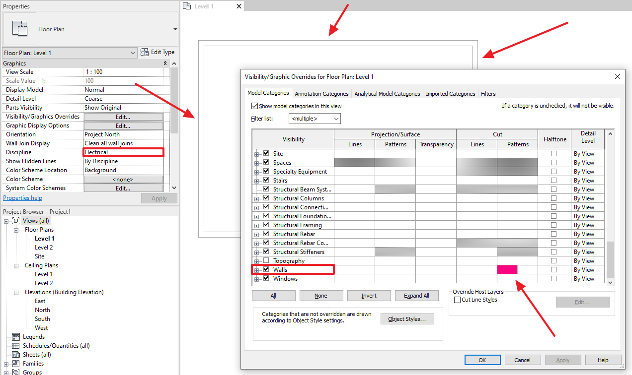 After changing the Cut Patterns for Walls, the view with selected