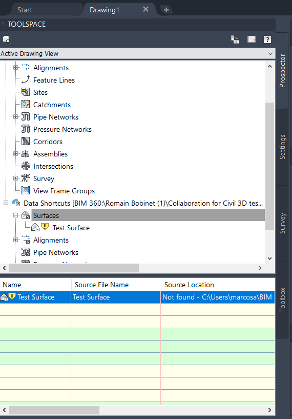 Data Shortcuts Have A Broken Reference Status In Civil 3D Prospector 