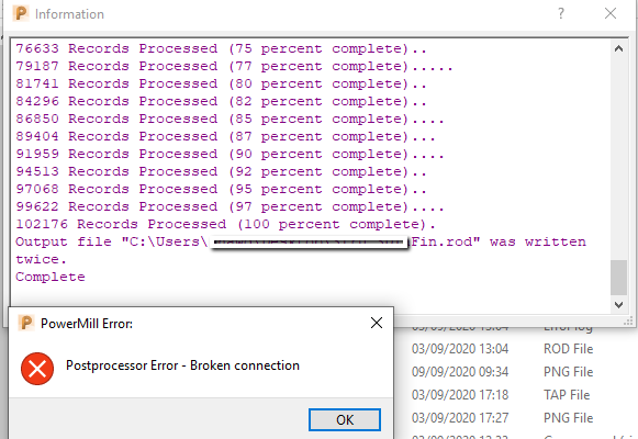 "Postprocessor Error - Broken connection" message when postprocessing ...