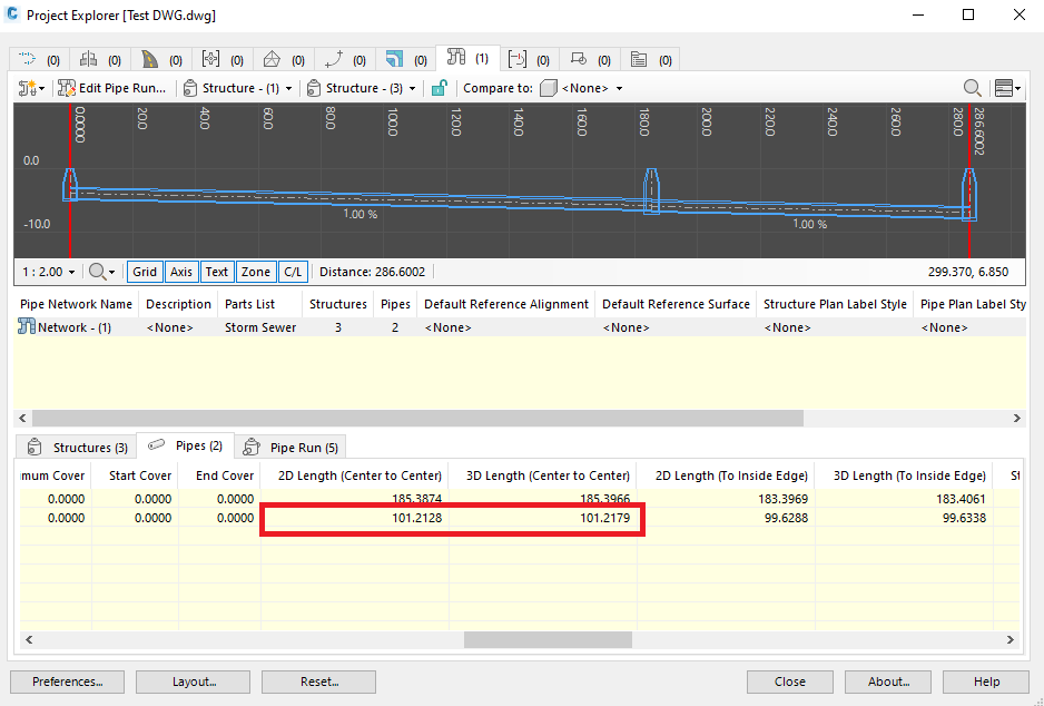 2D Center to Center Pipe lengths shows incorrect measurement in Civil 3D