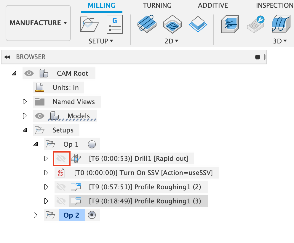 How to change visibility of toolpaths in Fusion 360 Manufacture