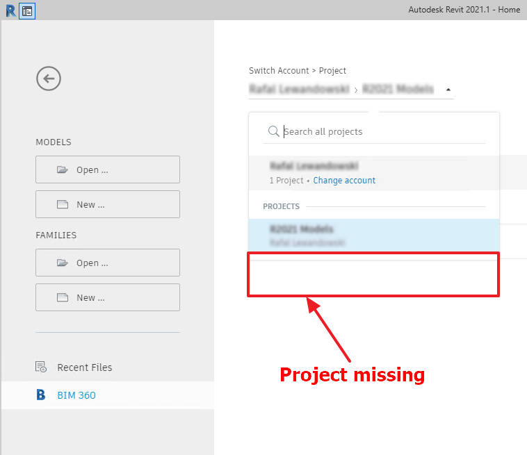 The specific project folder is not visible when initiating model to BIM