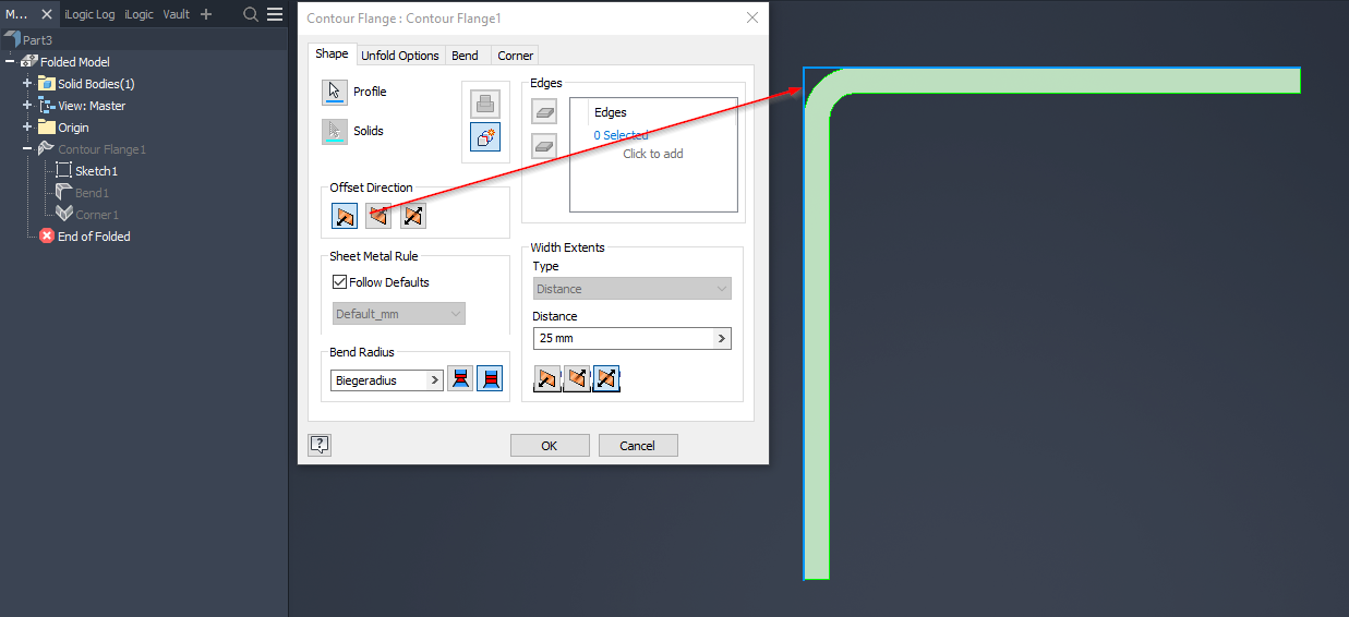 Après avoir modifié le profil d'un bord tombé, la fonction modifie la