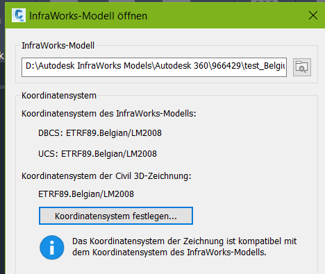 在 Civil 3D 中导入 InfraWorks 模型时，模型放置在错误的位置