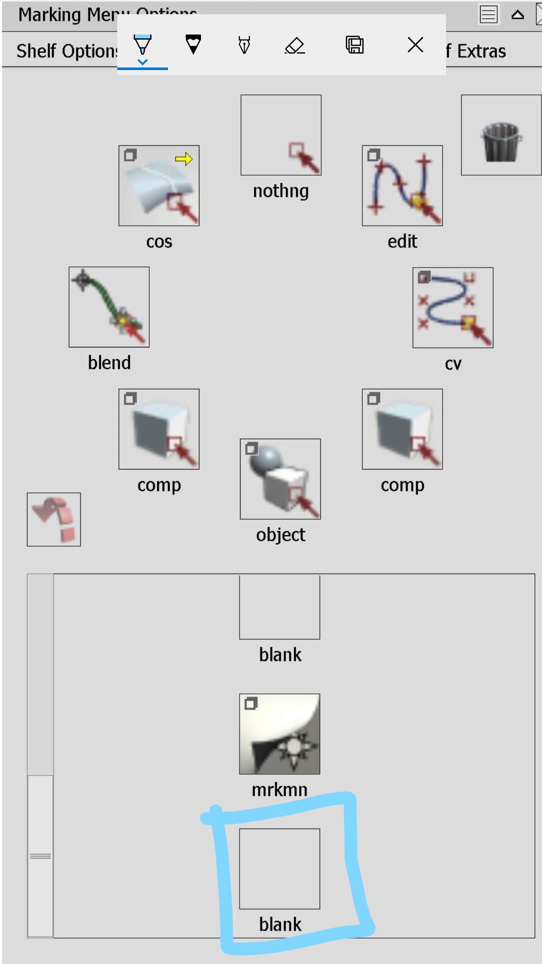 Dragging tools into the Marking Menu Options dialog makes Alias menus