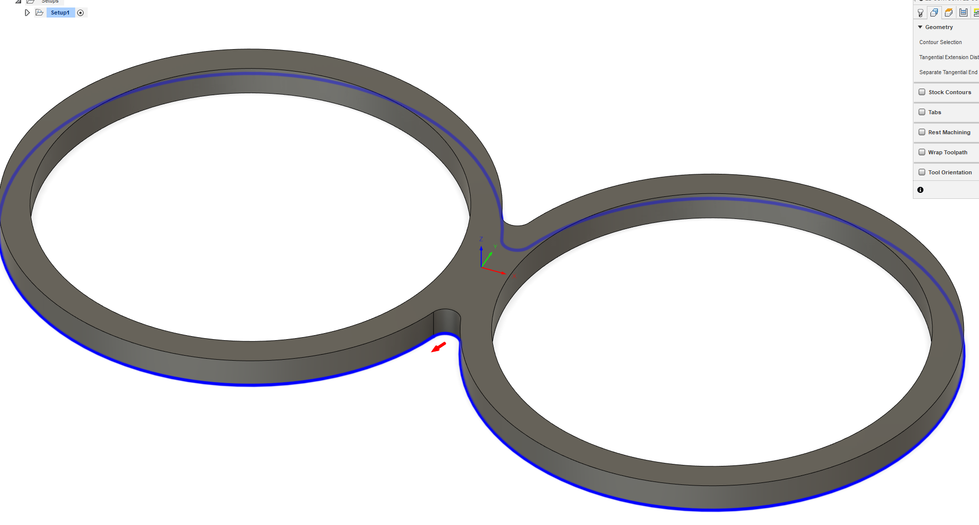 2D Contour 도구 경로가 Fusion 360 Manufacturing에서 본체를 관통하는 절단 이동을 생성합니다