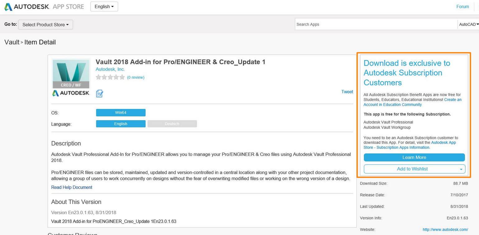 Unable to download and install Vault addin for Creo from the Autodesk