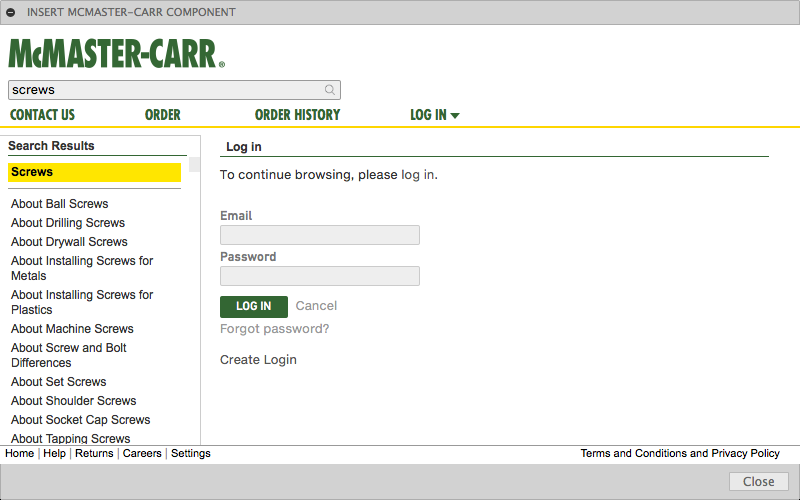 Inserting a component from McMasterCarr into Fusion 360 requests login