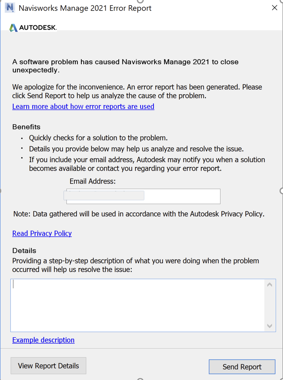 "Un problema de software ha provocado que Navisworks Manage 2021 se