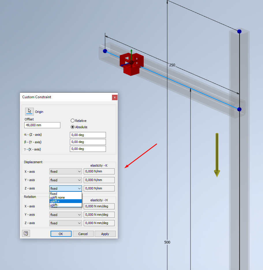 How to define a constraint that will fix one of the directions for the