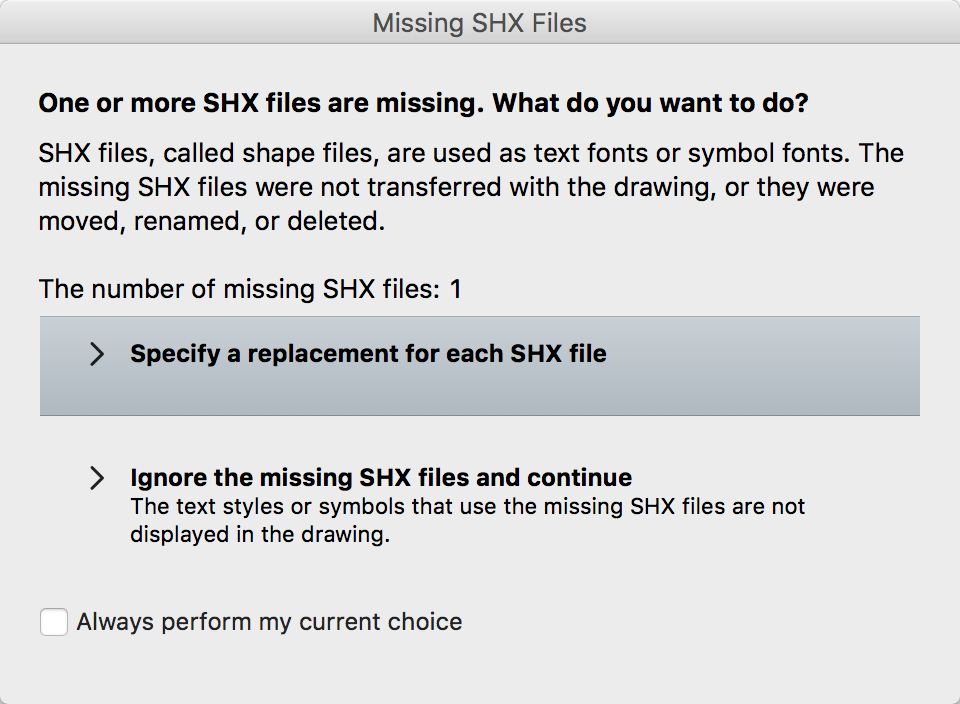1 つまたは複数の Shx ファイルが見つかりません。どのようにしますか?」というエラーが Autocad 製品で図面を開いたときに発生する