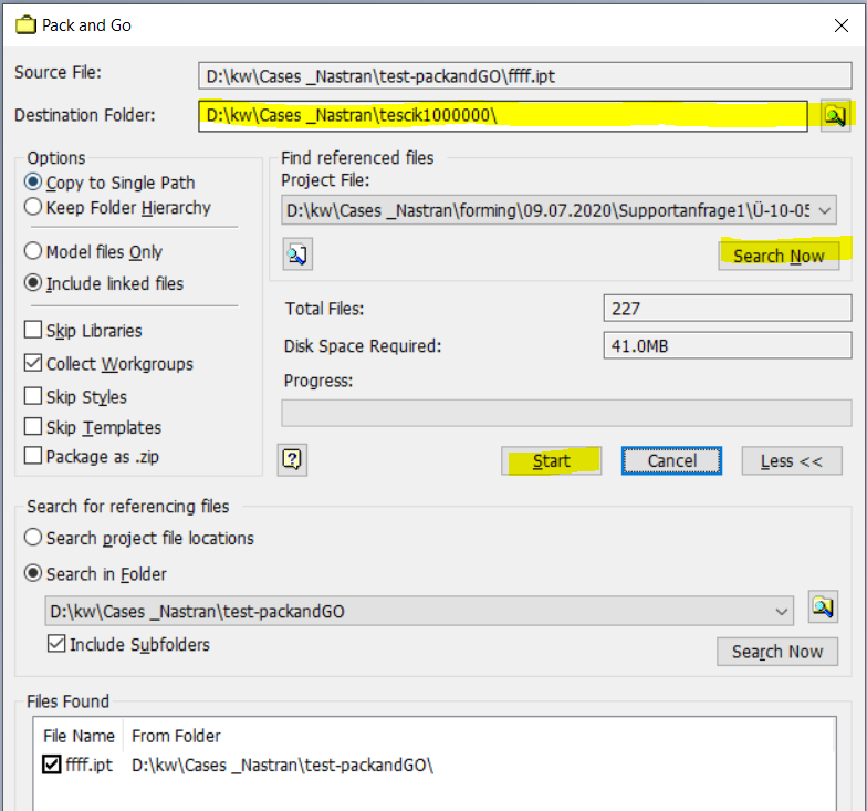 How to save project with all components to different disk or folder for analysis in Inventor Nastran