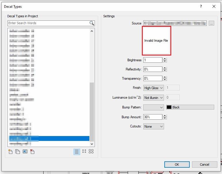 "Invalid Image File" shows in the image thumbnail of the Decal dialog after upgrading the Revit file