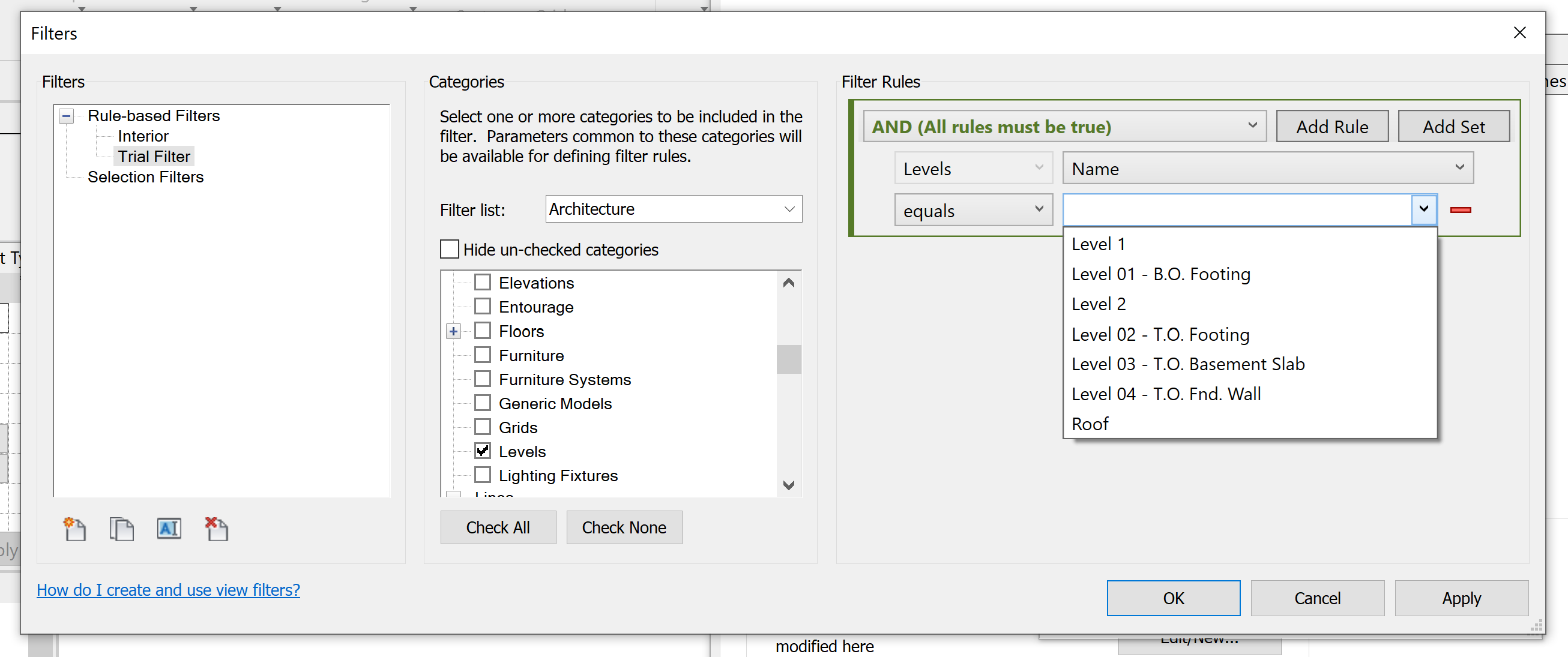 Revit용 뷰 필터에서 "위 레벨" 또는 "아래 레벨"을 선택하기 위한 옵션