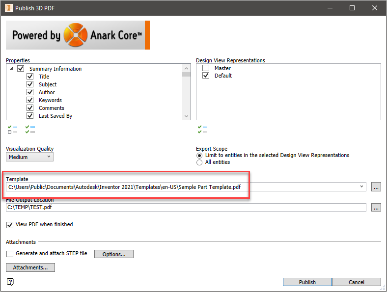 Incorrect PDF template is used when publishing 3D PDF file in Inventor