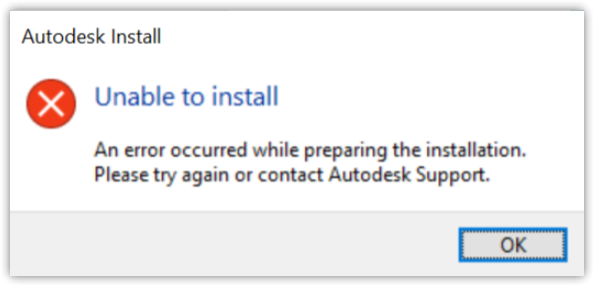 Unable to install. An error occurred while preparing the