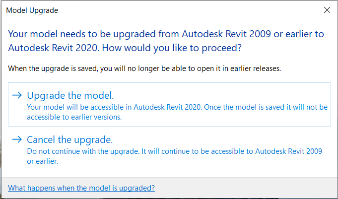 Upgrade from 2009 message when double-clicking on Revit models.