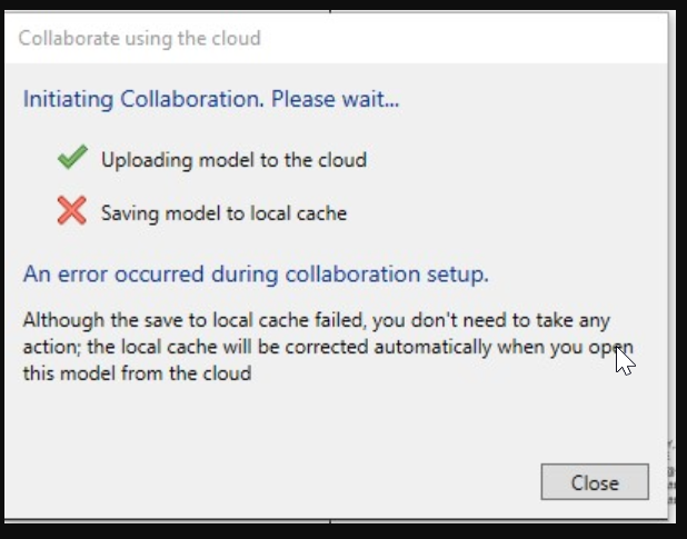 "Saving model to local cache" error failure appear when initiating a ...