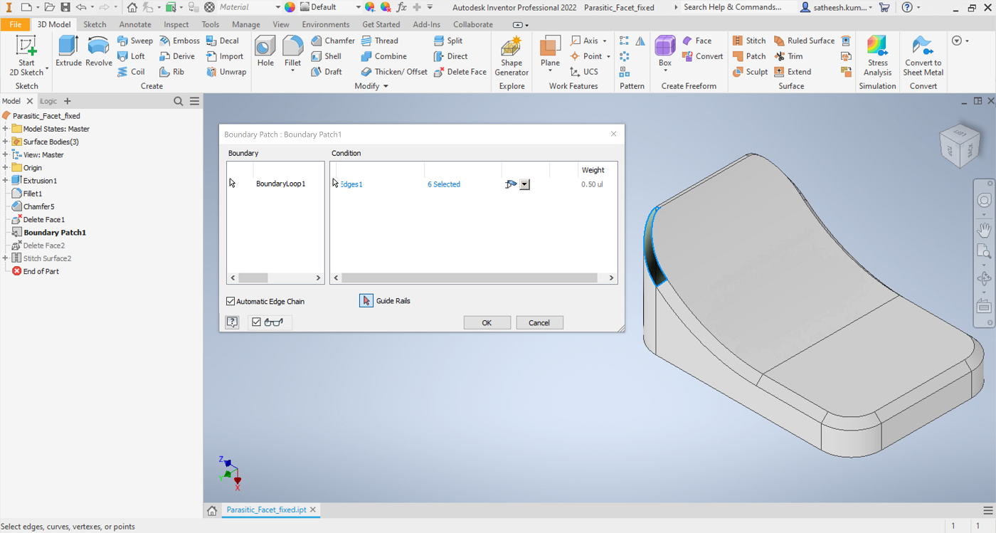 Applying a chamfer to a curve region creates an additional edge in Inventor