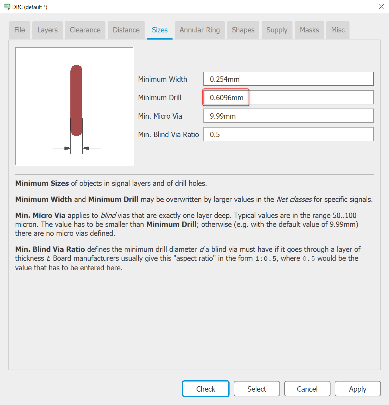 How to set the default drill size for vias in EAGLE and Fusion 360