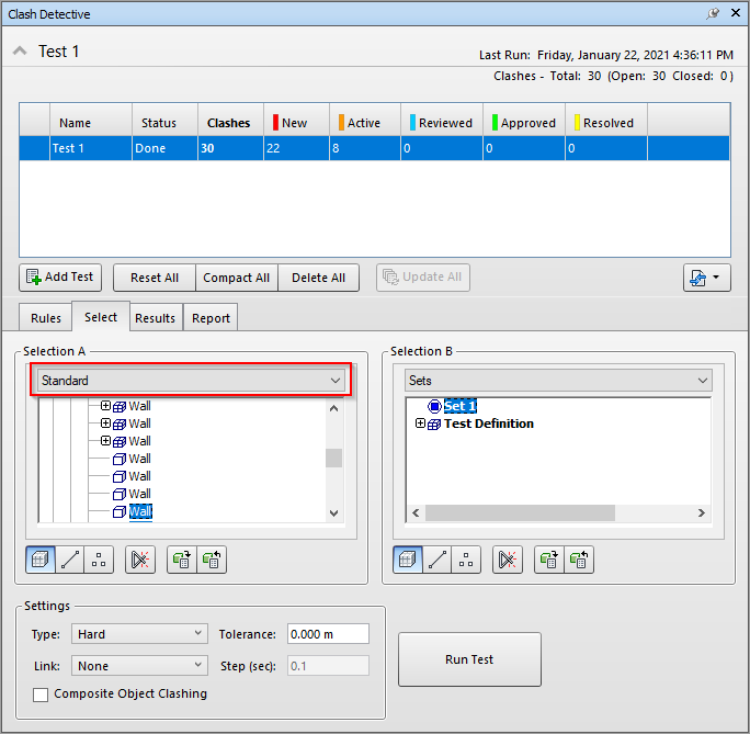 Navisworks does not retain Clash Detection rules for search sets