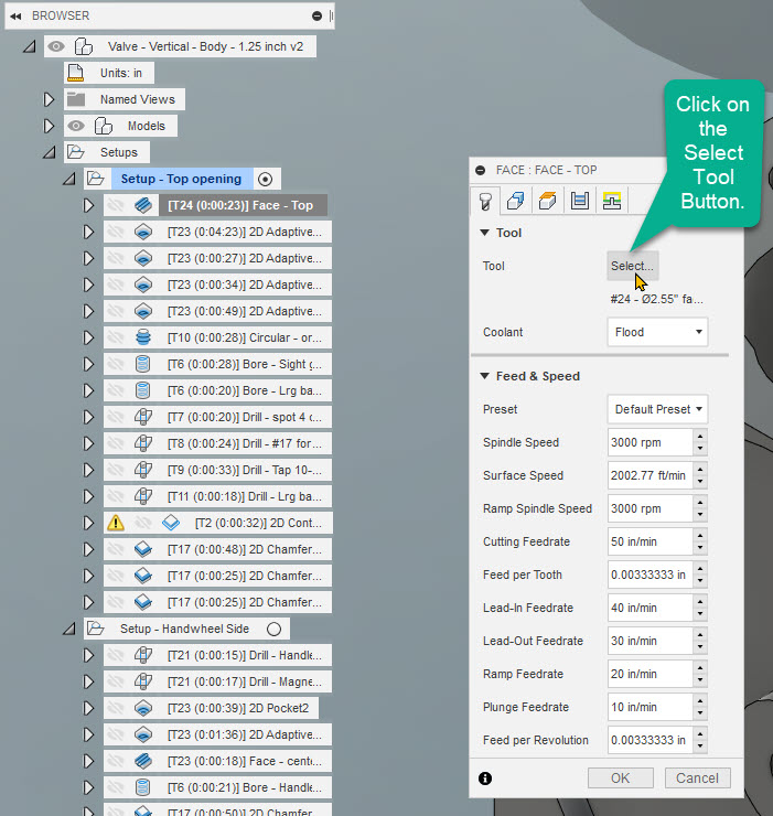 Where to select a tool for a toolpath in Fusion Manufacture