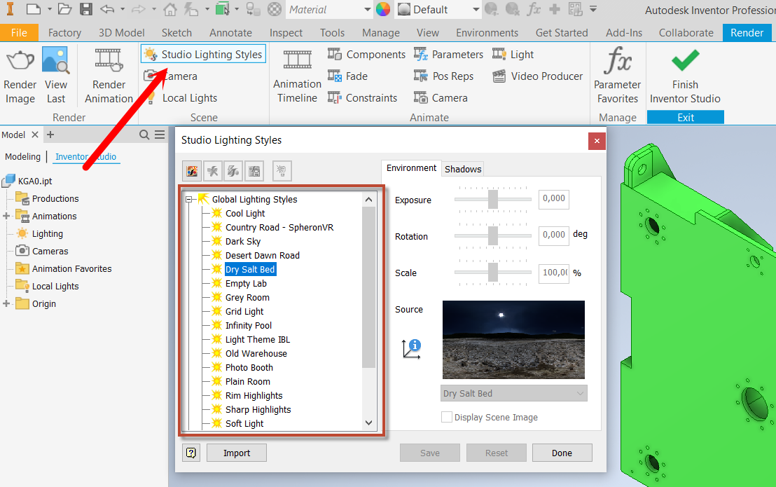 Shadows not visible when using a bright background in Inventor