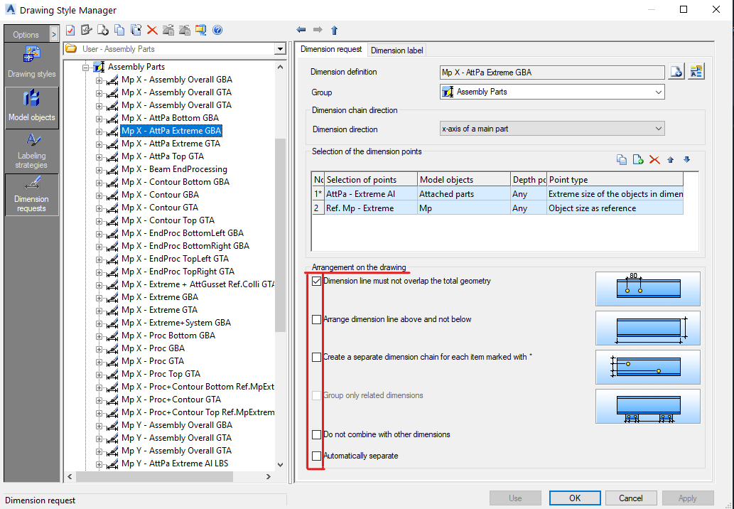 Different arrangement (distances) of custom dimension compared to