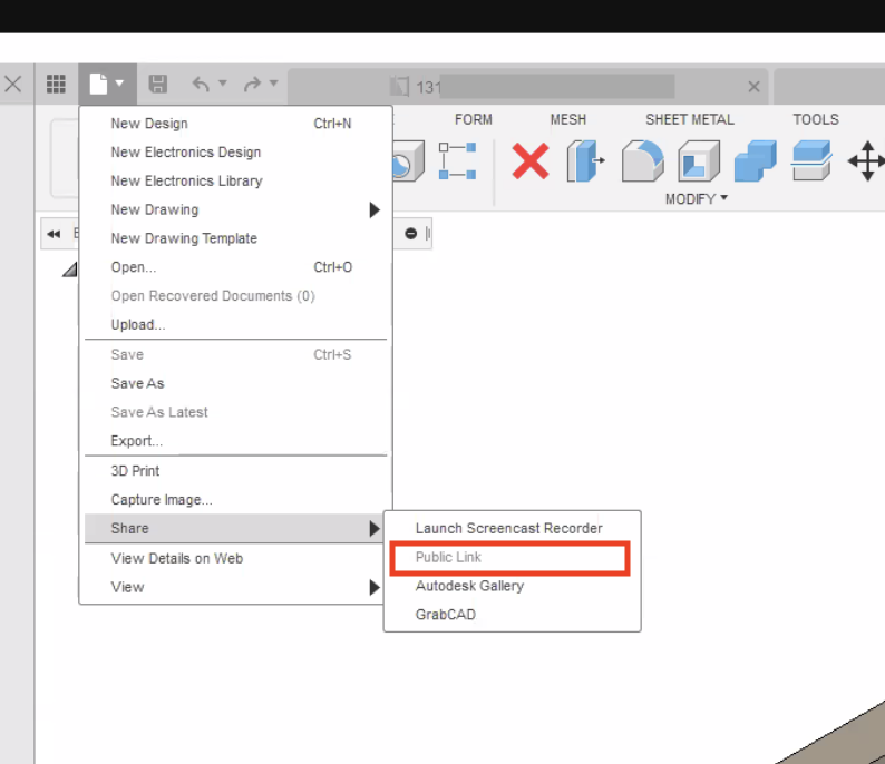 Share public link option dimmed in Fusion