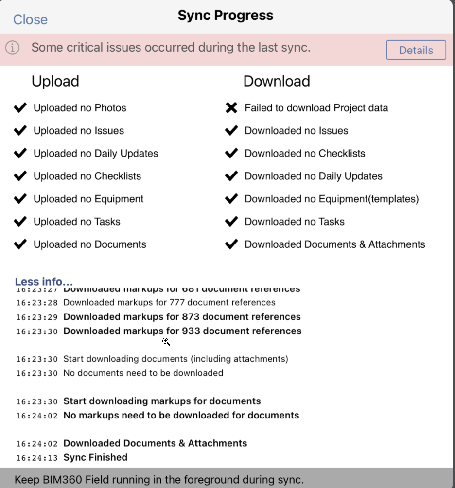 "Some critical issues occurred during the last sync" and project data